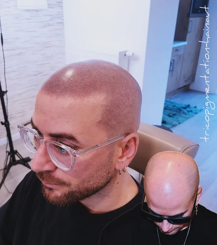 Avant après micropigmentation capillaire calvitie homme — dermopigmentation effet rasé naturel